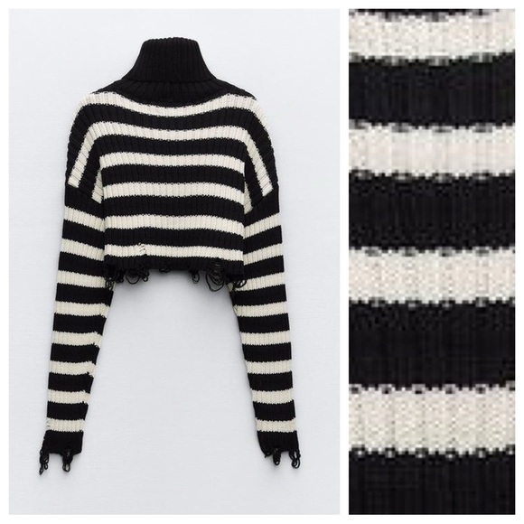 NWOT. Zara Black/White Striped Cropped Turtleneck Sweater. Size XS. - Picture 6 of 11